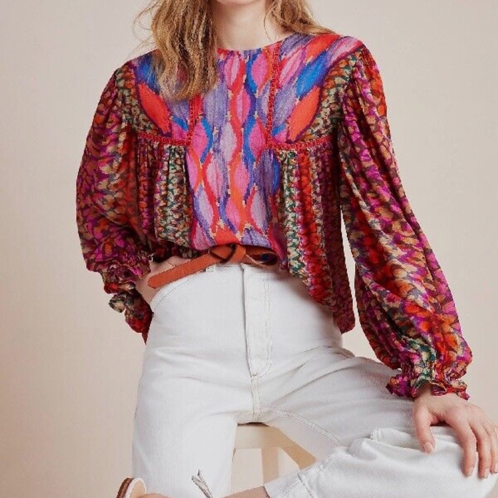 Anthropologie BI^nk London Miranda Peasant Blouse Eclectic Top SMALL Red Purple